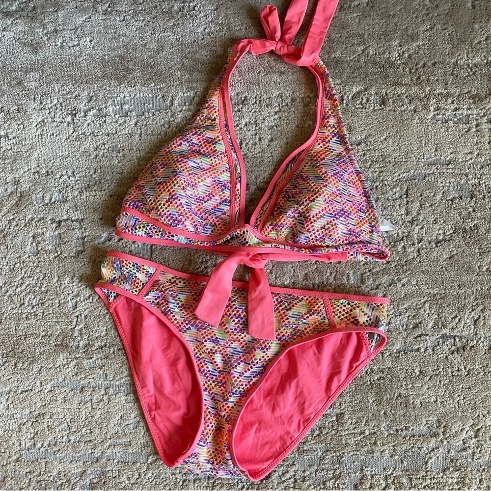 Becca Courtney Reveal Crochet Matching Bikini Set Top and Bottoms Pink: Large